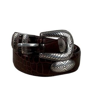 Fossil Brown Leather Silver Studded Detail Buckle Casual Belt Western Rodeo